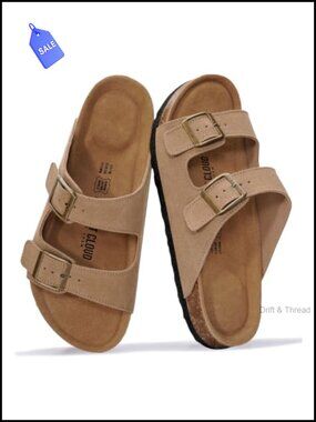 100% Genuine Leather Slide Sandals Memory Foam Cork Footbed Open Toe